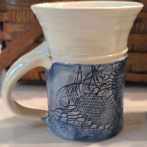 Hand Crafted Blue and Cream Art Pottery Coffee Cups Vintage Tea Mugs Set of 2 - Picture 2 of 12